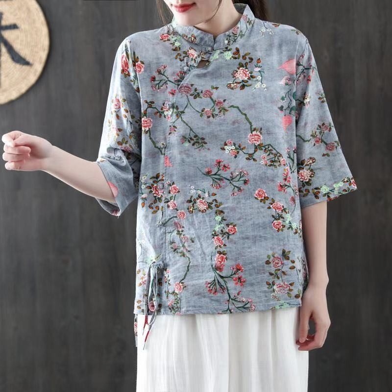 เสื้อคอจีนผ้าลินินผสมฝ้ายลายดอกไม้