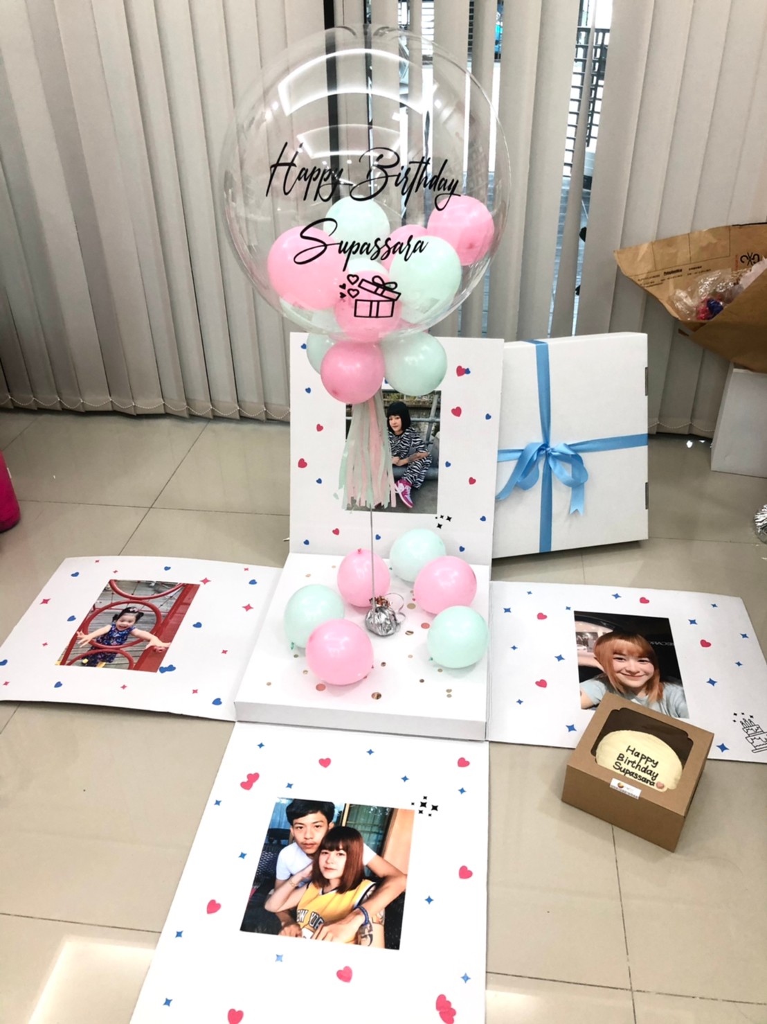 Happy Birthday Surprise Box กล่องเซอร์ไพรส์วันเกิด Bubble USA ขนาด 24" Theme พาสเทล พร้อมตกแต่ง (ราคายังไม่รวมเค้ก) สามารถใส่รูปได้ 4 ใบ สามารถเปลี่ยนสีลูกโป่ง/เปลี่ยนข้คอวามได้