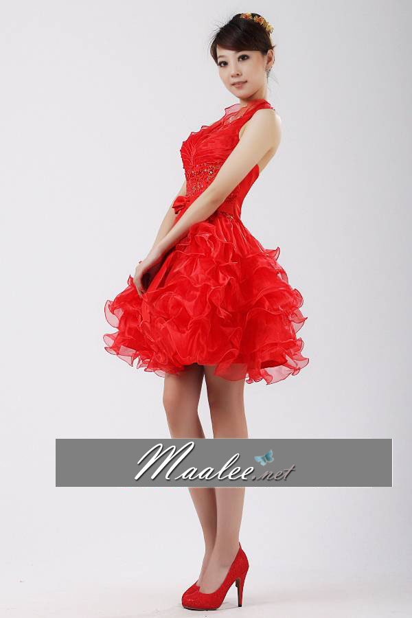 พร้อมเช่า ชุดแฟนซี เช่า 500 ชุดราตรีสั้น สีแดง คล้องคอ กระโปรงระบาย ทรงฟูสวย