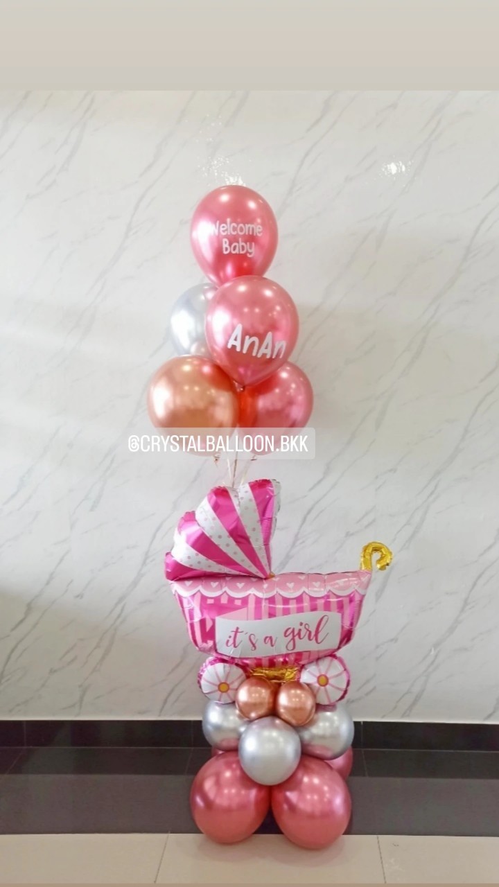 ลูกโป่ง Welcome Baby ฟอยล์รถเข็น สีชมพู ตั้งฐาน 1 ชิ้น พร้อม ช่อลูกโป่งสีโครเมี่ยม ช่อ 5 ลูก 1 ช่อ พร้อมตกแต่ง สามารถเปลี่ยนสีลูกโป่ง/เปลี่ยนข้อความ/เปลี่ยนสี-ฟอยล์ตกแต่งได้