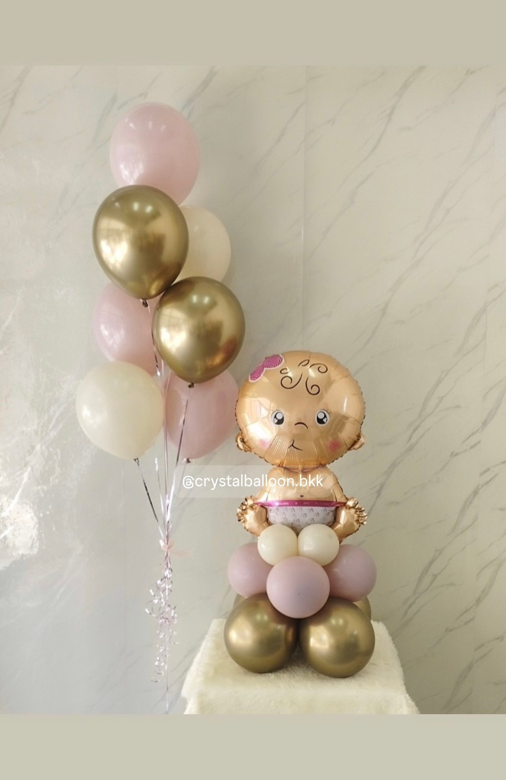 ลูกโป่ง Welcome Baby Girl ฟอยล์เด็กผญ. ตั้งฐาน 1 ชิ้น ช่อลูกโป่ง ช่อ 7 ลูก 1 ช่อ สีคาเมเลียโครเมียม/Sand/Dusk Pink พร้อมตกแต่ง สามารถเปลี่ยนสีลูกโป่ง/เปลี่ยนฟอยล์ตกแต่งได้