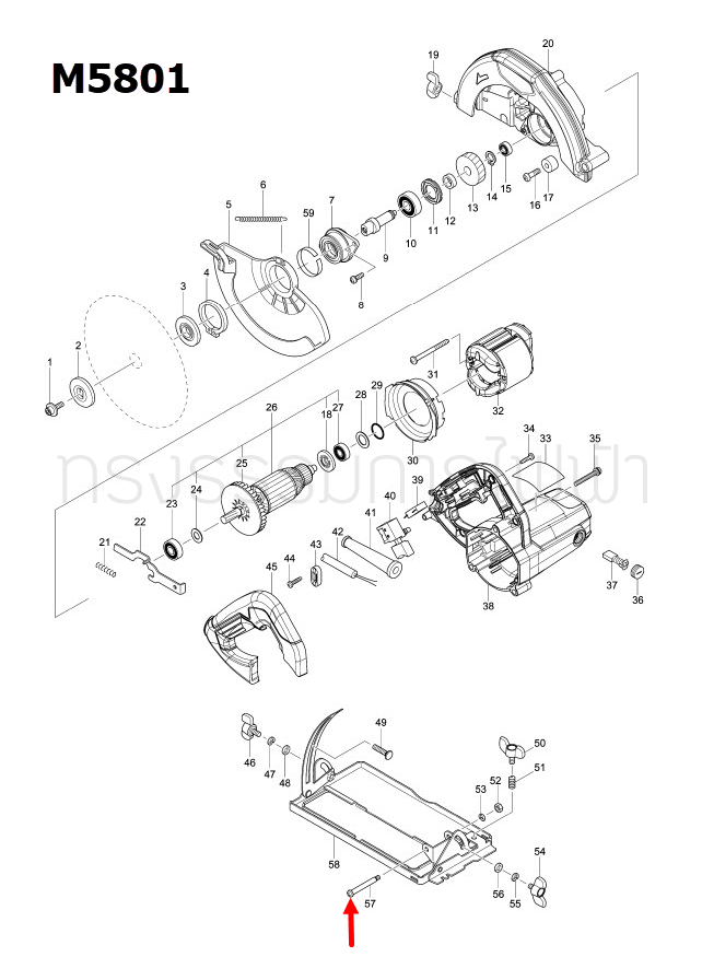 น็อตร้อยข้อต่อ เลื่อยวงเดือน Maktec MT560, MT580, MT582, MT583, M5801, M5801B [#57] Pn.265118-6 (แท้) ##(*)
