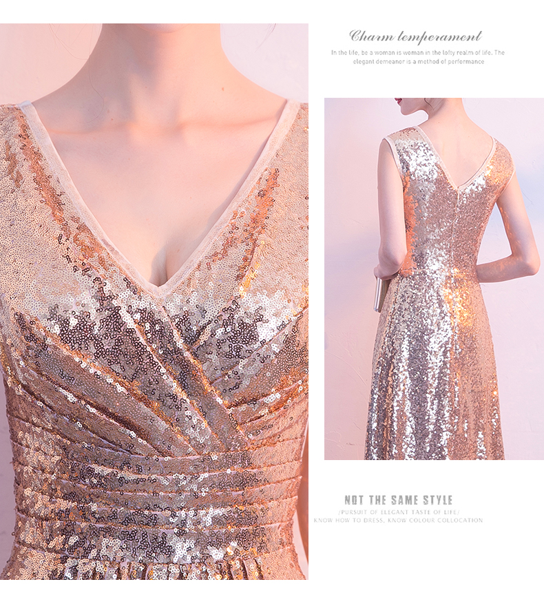 พร้อมเช่า ชุดราตรียาว แขนกุด สี Rose Gold แต่งเลื่อมทั้งตัว จับจีบช่วงเอว สวยหรู (ซิปหลัง)