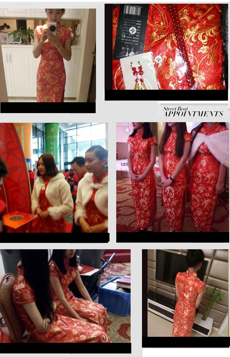 พร้อมส่ง กี่เพ้า สีแดง ผ้าไหมจีน ทอลายดอกไม้ สีทอง กุ๊นขอบ ตัดเย็บอย่างดี (2XL)