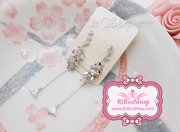 ต่างหูเกาหลีแท้ ดาวระย้าแต่งคริสตัลขาวใส งานคิวบิค ก้านเงินแท้ ( Sliver )