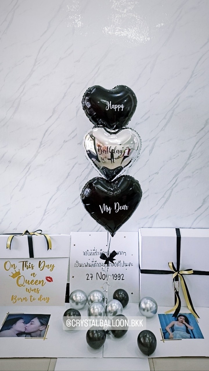 Happy Birthday Surprise Box ฟอยล์หัวใจ ขนาด 18'' 3 ชิ้น พร้อมตกแต่ง สามารถใส่รูปได้ 2 ใบ สามารถเปลี่ยนสีลูกโป่ง/เปลี่ยนข้อความ/เปลี่ยนสี-ฟอยล์ตกแต่งได้