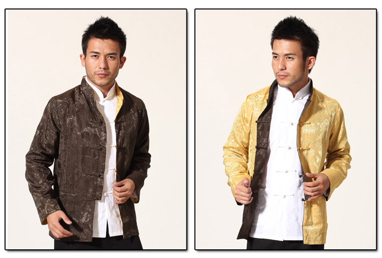 Pre-order ชุดจีน ชาย เสื้อผ้าแพร สีน้ำตาล/ ทอง ใส่ได้สองด้าน