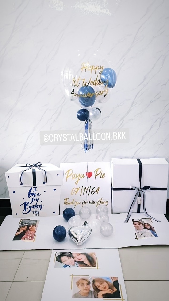 Surprise Box กล่องเซอร์ไพรส์วันครบรอบ Theme Dark Blue พร้อมตกแต่ง สามารถใส่รูปได้ 4 รูป สามารถเปลี่ยนสีลูกโป่ง/เปลี่ยนข้อความได้