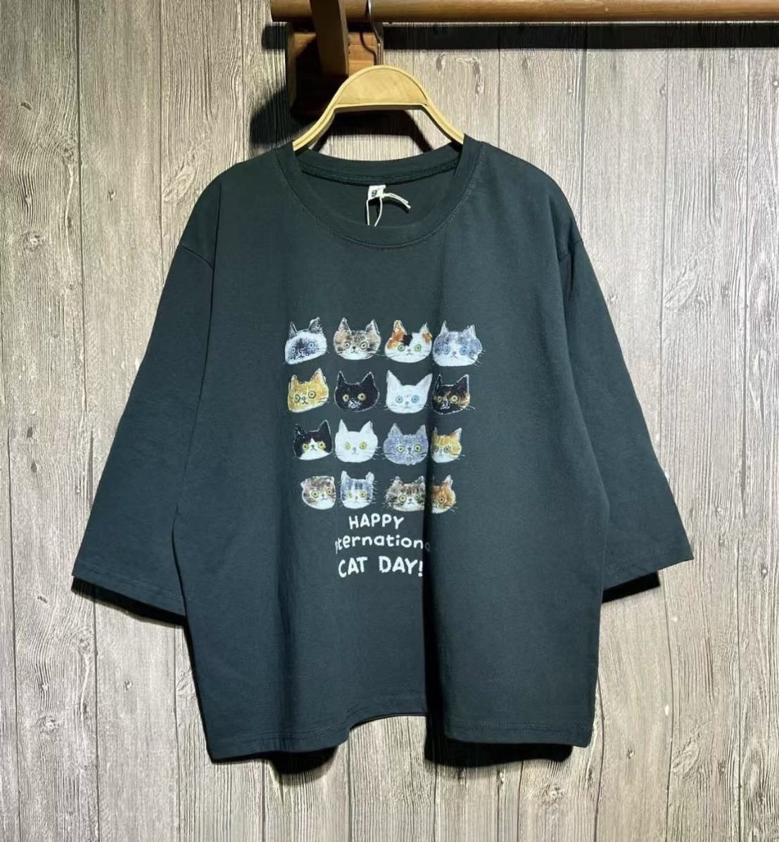 เสื้อยืดสกรีนลายแมวแขนสามส่วน 9am