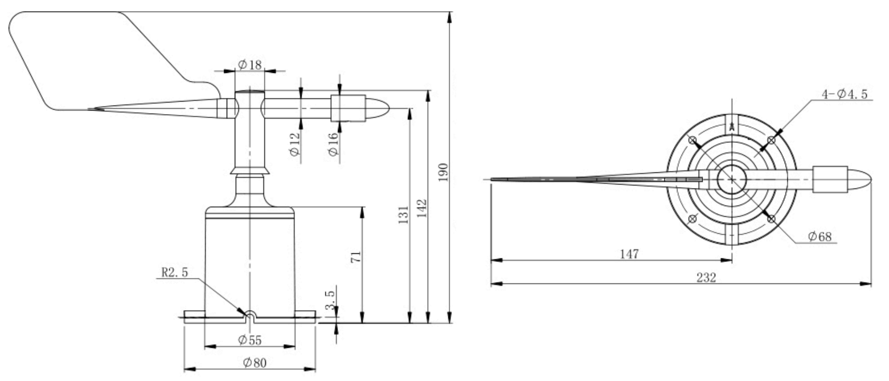 เซ็นเซอร์วัดทิศทางลม Modbus RS485 Polycarbon Wind Direction