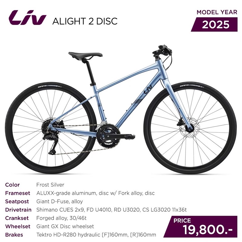 จักรยานไฮบริด LIV ALIGHT 2 DD DISC 2025 | Shimano CUES 2x8 Speed | ล้อ 700c | สี Mineral Green |