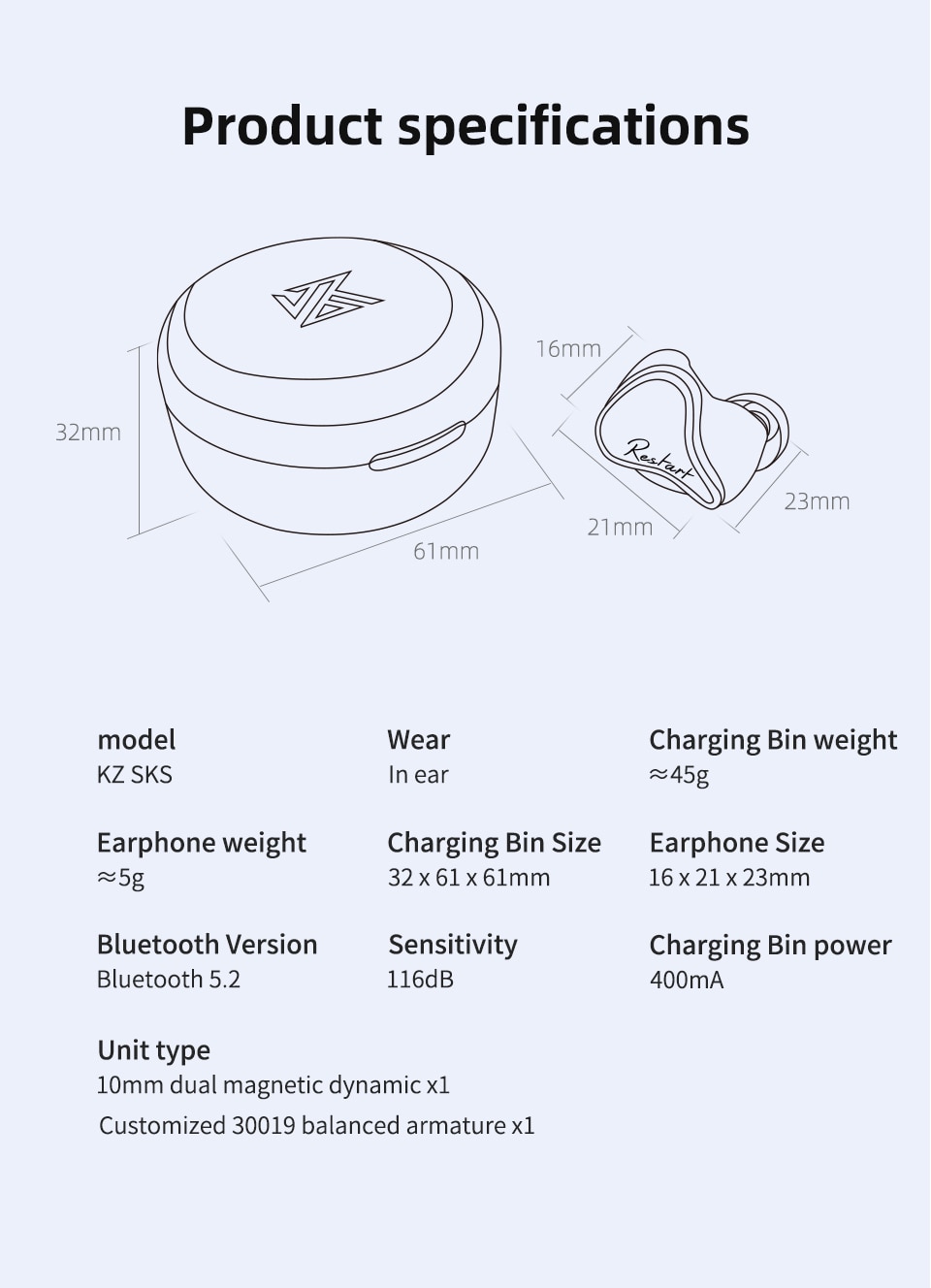 ขาย KZ SKS หูฟัง TWS 2 ไดรเวอร์ 1DD+1BA ประกันศูนย์ไทย