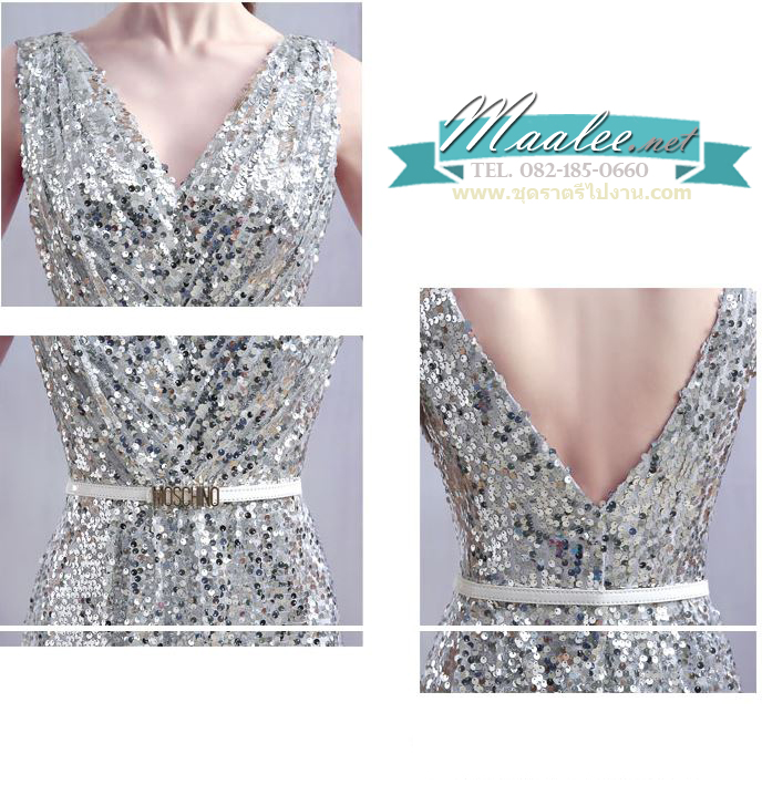 พร้อมเช่า ชุดราตรียาว แขนกุด ปักเลื่อมทั้งชุด มาพร้อมเข็มขัด ใส่ออกงานกลางคืน เด่นมาก สีเงิน