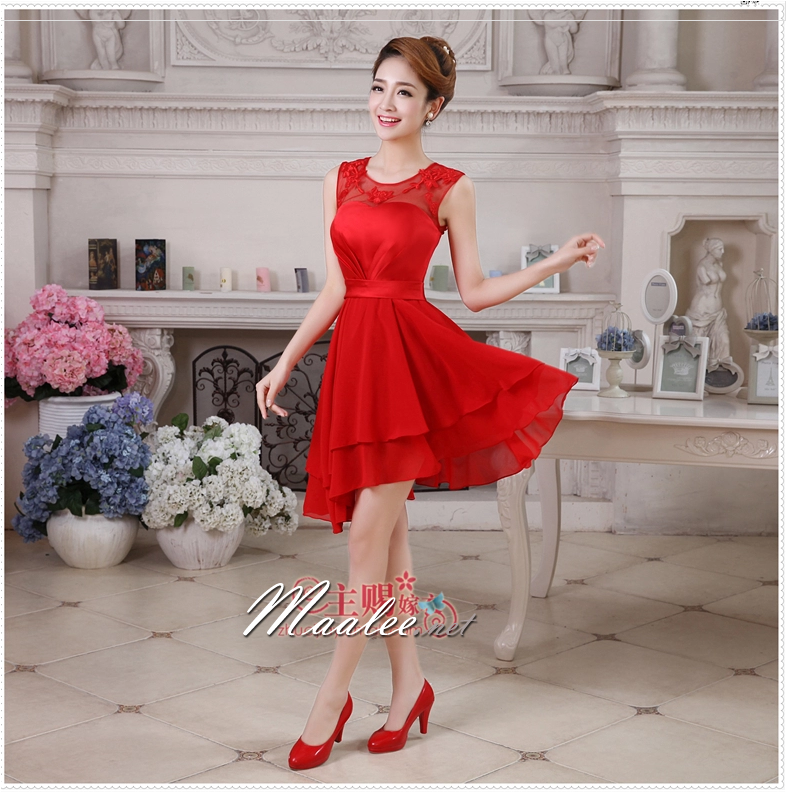 พร้อมส่ง ชุดราตรีสั้น ลูกไม้ สีแดง กระโปรงระบาย