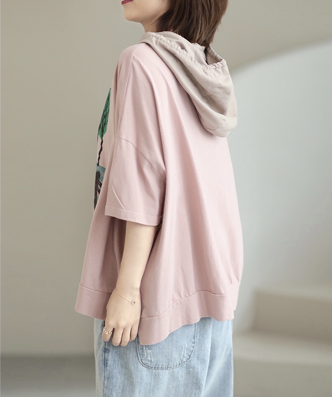 เสื้อยืดสกรีนลายแต่งฮู้ดผ้าฝ้าย