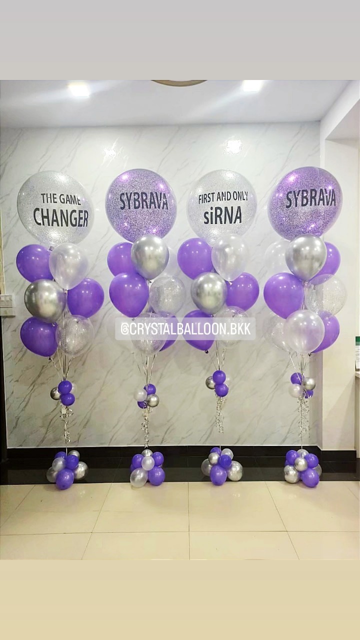 ลูกโป่ง เปิดงาน ช่อ Bubble ขนาด 24" กลิตเตอร์สีม่วง 2 ช่อ,กลิตเตอร์สีเงิน 2 ช่อ ช่อ 10 ลูก พร้อมตกแต่ง ลูกโป่งใส ใส่กลิตเตอร์ สามารถเปลี่ยนสีลูกโป่ง/เปลี่ยนข้อความ/เปลี่ยนขนาดได้