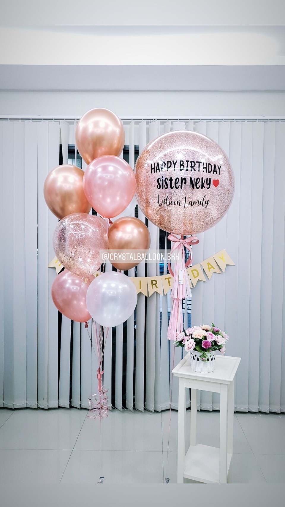 ลูกโป่ง วันเกิด Bubble ขนาด 24" สีโรสโกล พร้อม ป้าย ธง Happy Birthday สีครีม พร้อม ช่อลูกโป่ง 1 ช่อ,ลูกโป่งใส ใส่กลิตเตอร์ พร้อมตกเเต่ง สามารถเปลี่ยนสีลูกโป่ง/เปลี่ยนข้อความได้