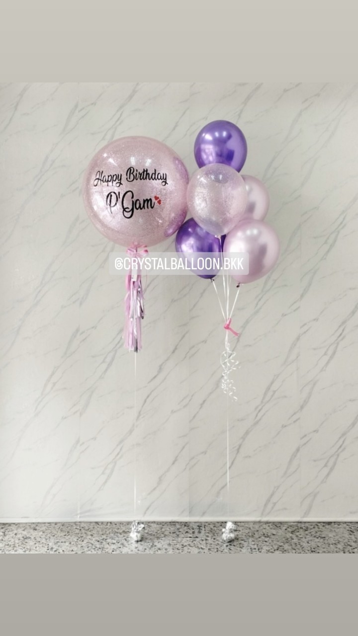 ลูกโป่ง วันเกิด Bubble ขนาด 24" กลิตเตอร์สีชมพู 1 ลูก พร้อม ช่อลูกโป่งสีโครเมี่ยม ช่อ 5 ลูก 1 ช่อ พร้อมตกแต่ง สามารถเปลี่ยนสีลูกโป่ง/เปลี่ยนข้อความ/เปลี่ยนขนาดได้