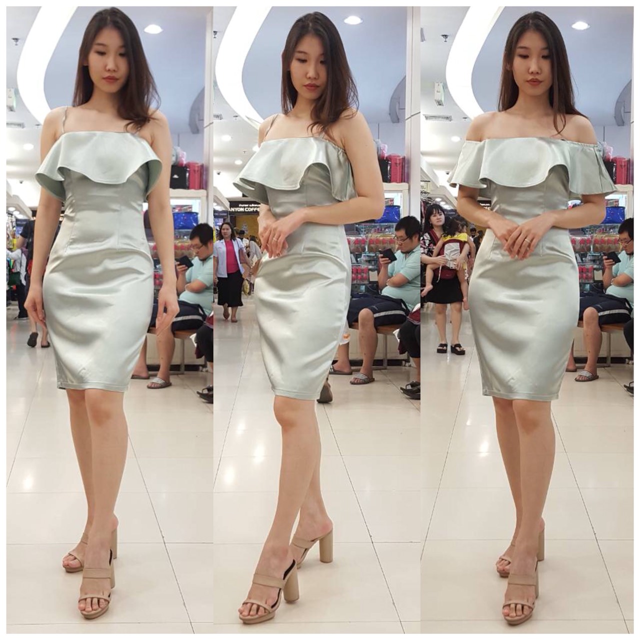 พร้อมเช่า ชุดเดรสสั้น ไหล่ปาด แต่งระบาย ผ้าดัชเชส สวย เรียบหรู สีเขียวอ่อน