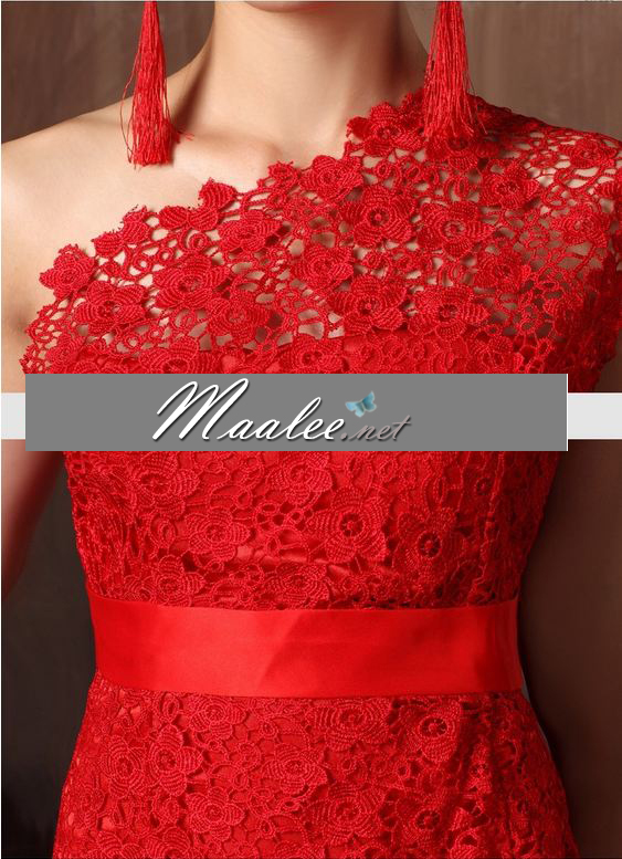 พร้อมส่ง ชุดยกน้ำชา ชุดจีน ชุดกี่เพ้า ลูกไม้ไหล่เดียว สีแดง แบบโมเดิร์น