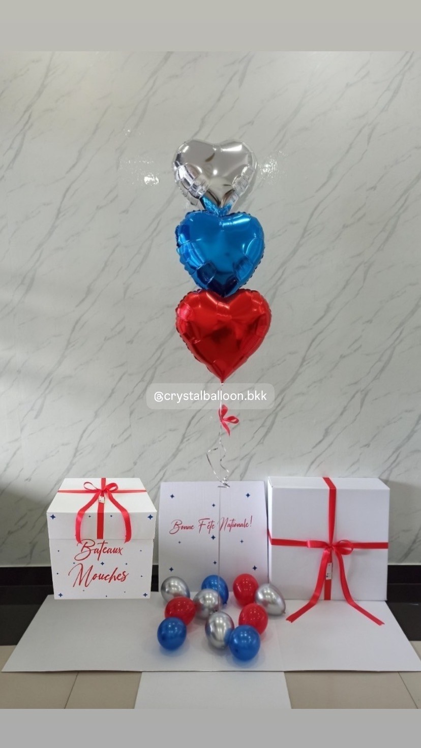 Surprise Box กล่องเซอร์ไพรส์แสดงความยินดี พร้อม ฟอยล์หัวใจ 18" 3 ชิ้น พร้อมตกเเต่ง สามารถใส่รูปได้ 2 ใบ สามารถเปลี่ยนสีลูกโป่ง/เปลี่ยนข้อความ/เปลี่ยนสีฟอยล์ตกเเต่งได้