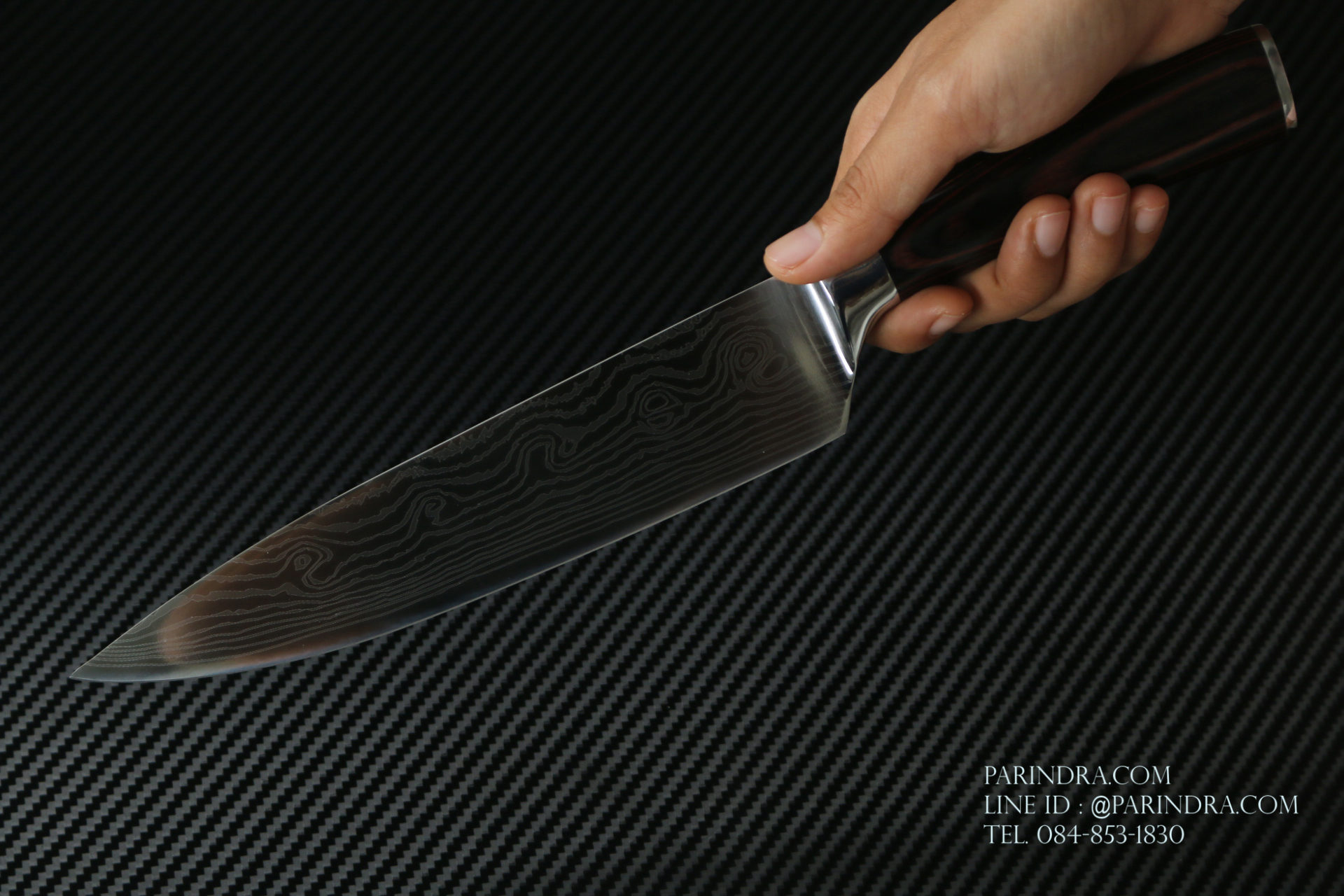 มีดทำครัว Premium ยิงเลเซอร์ลายดามัสกัส ด้ามไม้ ขนาดใบ 8 นิ้ว ปลายแหลม คมกริบ