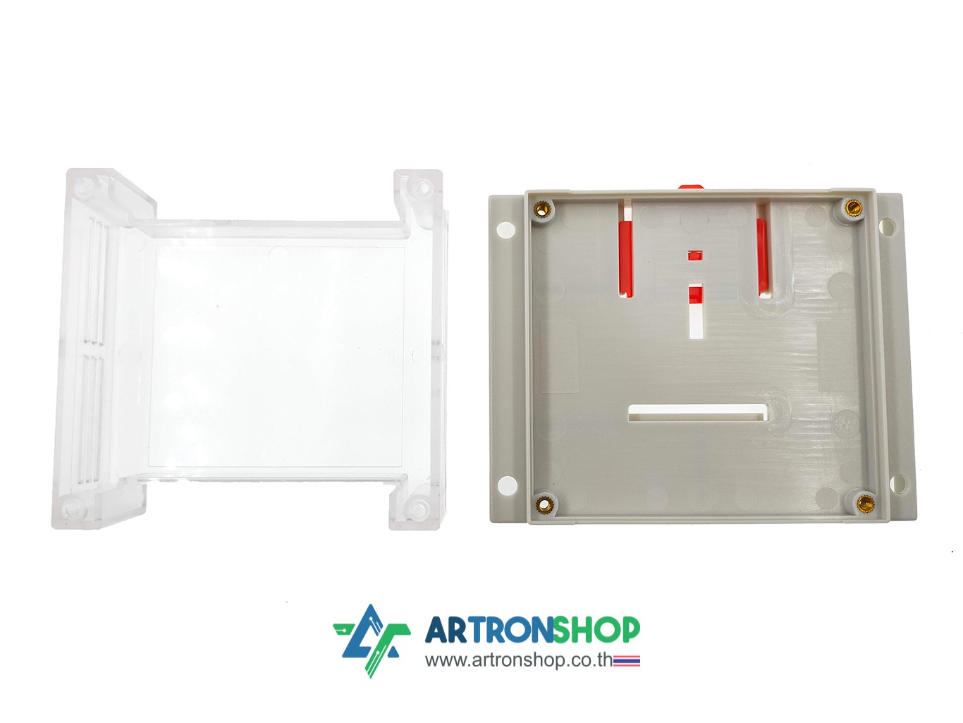 กล่องใส่บอร์ดอิเล็กทรอนิกส์ ติดรางปีกนก ขนาด 115 x 90 มิลลิเมตร ฝาใส