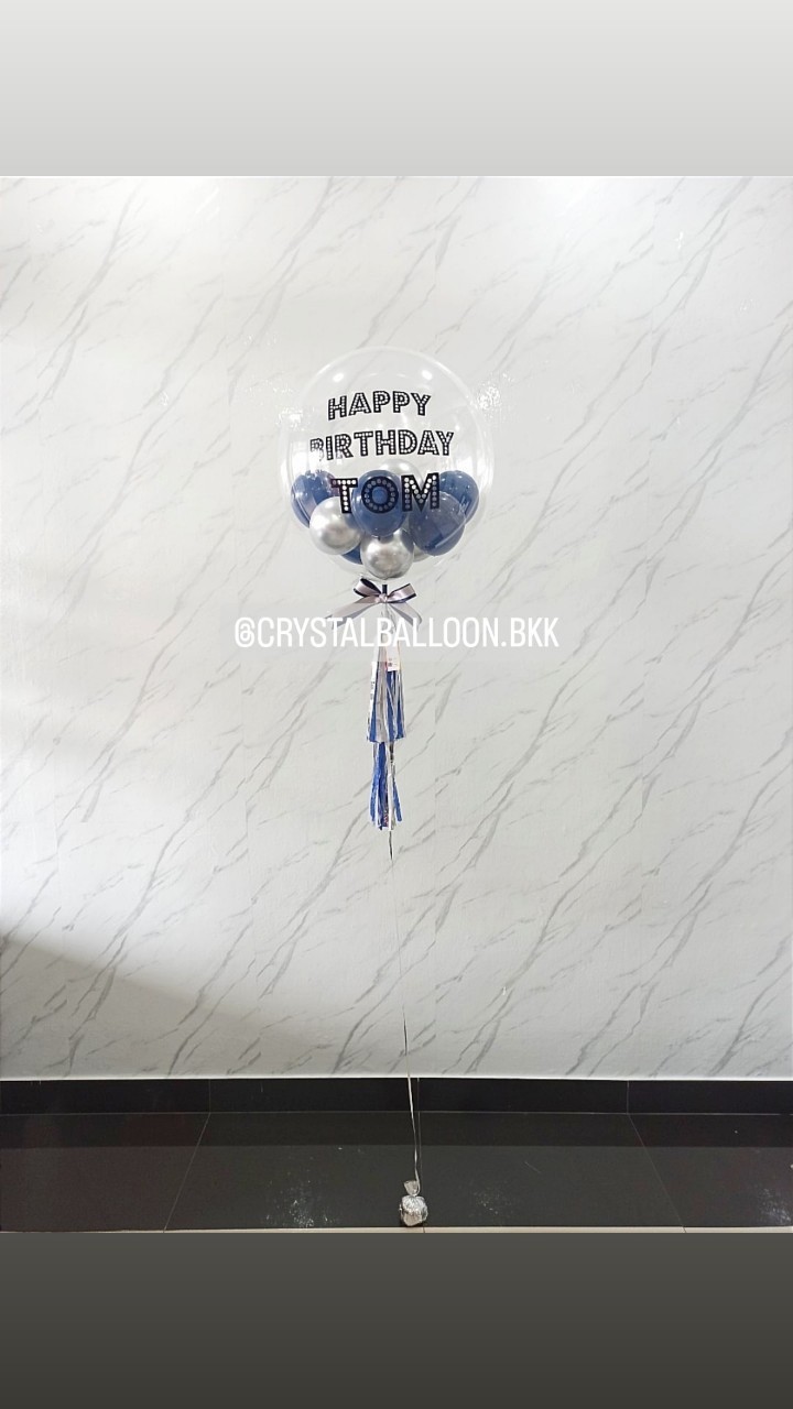 ลูกโป่ง วันเกิด Bubble USA ขนาด 24" Theme Dark Blue-เงิน พร้อมตกแต่ง สามารถเปลี่ยนสีลูกโป่ง/เปลี่ยนข้อความได้