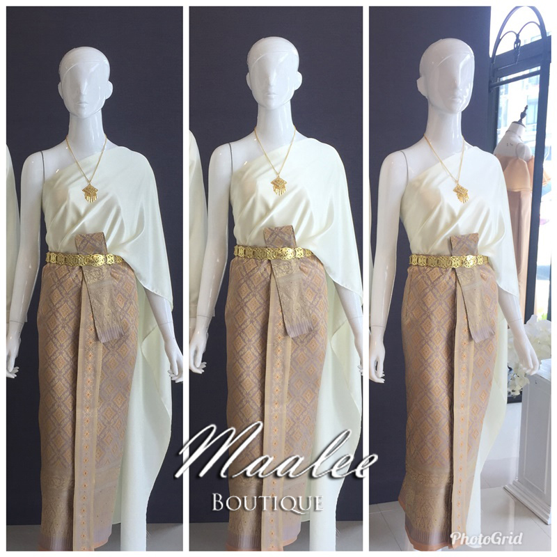 เช่า ชุดไทย ชุดเพื่อนเจ้าสาว ชุดไทยผ้าถุงสีทอง สไบเรียบ สีงาช้าง