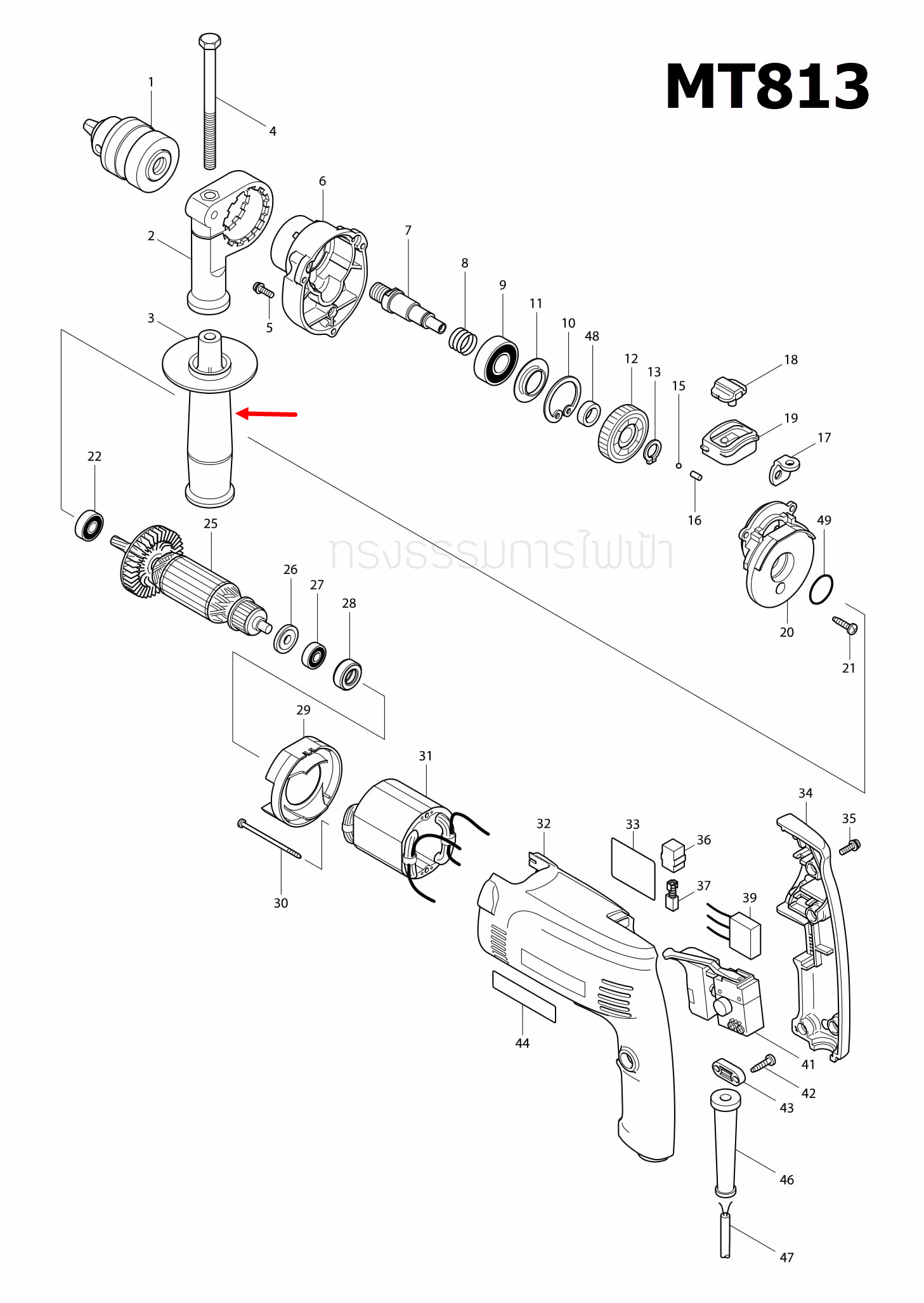 ด้ามจับ สว่านกระแทก Maktec-มาคเทค, Makita-มากีต้า MT814, MT817, MT813, HP1630, M8100, M8100B [#3] Pn.153503-4 (แท้) ##