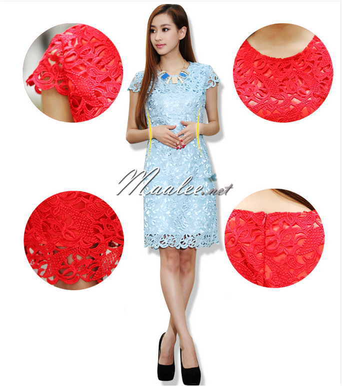 พร้อมส่ง ชุดราตรีสั้น ลูกไม้สีแดง แขนสั้น