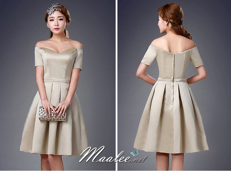 พร้อมส่ง ชุดราตรีสั้น ปาดไหล่ แขนสั้น ผ้าซาติน คอเว้า Sweet heart กระโปรงจับจีบ สวยหรู สีครีม Champagne (ซิปหลัง)