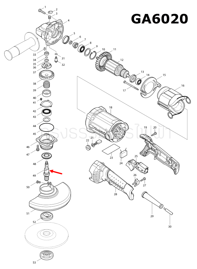 แกนเฟือง, แกนจับใบ หินเจียร 5 นิ้ว Makita รุ่น GA5020, GA6020 [#49] Pn.324789-9 (แท้) ##(*)