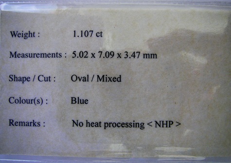 Blue Sapphire พลอยดิบ (ไม่เผา) Unheated ธรรมชาติ100% ความสะอาด IF-VVS ขนาดพลอย 5.02x7.09x3.47 mm. น้ำหนักพลอย 1.107 ct. ราคาโทรถาม