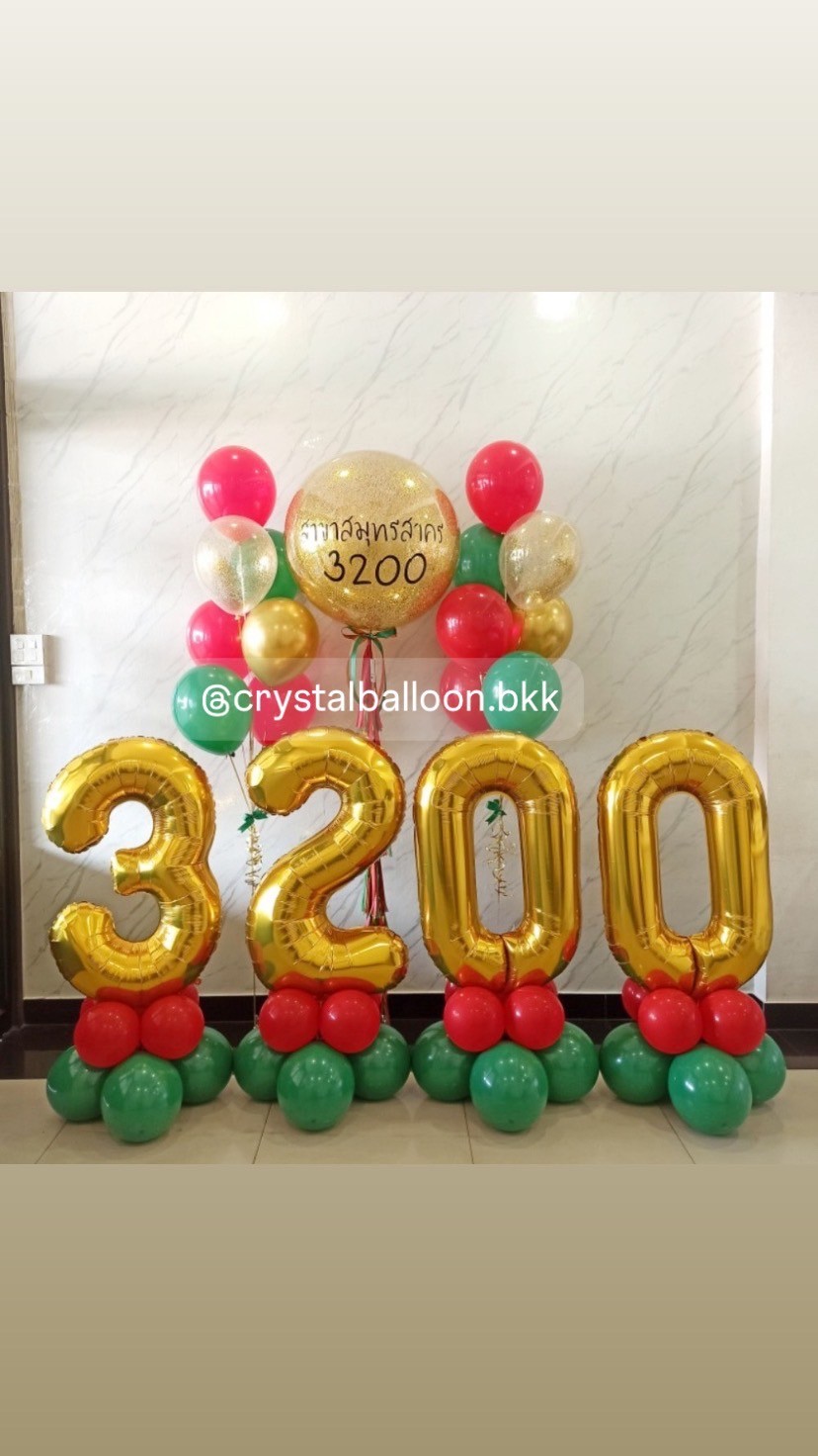 ลูกโป่ง แสดงความยินดี Bubble ขนาด 36" กลิตเตอร์สีทอง 1 ลูก พร้อมลูกโป่ง ช่อลูกโป่ง ช่อ 7 ลูก 2 ช่อ พร้อม ฟอยล์ตัวเลข ขนาด 40" ตั้งฐาน 4 ชิ้น พร้อมตกแต่ง สามารถเปลี่ยนสีลูกโป่ง/เปลี่ยนข้อความ/เปลี่ยนขนาดได้