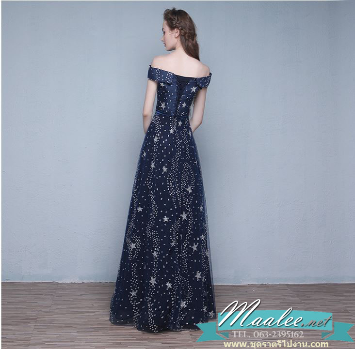 พร้อมเช่า ชุดราตรียาว แบบไหล่ปาด รูปดาว ฟรุ้งฟริ้งแนวเจ้าหญิง สีกรมท่า (เชือกผูกหลัง)