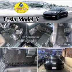 พรมปูพื้นรถยนต์ Tesla Model Y ปูพรมVVIP สีดำด้ายทอง + ไวนิลสีดำ