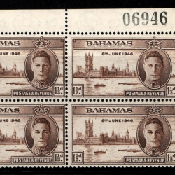 แสตมป์ BAHAMAS ปี 1946 KGVI บล๊อค 4 ติดขอบตัวเลข สวย และเก่ามากๆ
