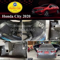 พรมปูพื้นรถยนต์ Honda City 2022 ปูพรม7D สีดำด้ายฟ้า + พรมดักฝุ่นสีดำ เข้ารูป