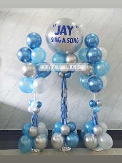 เสาลูกโป่ง เปิดงาน Bubble ขนาด 36" กลิตเตอร์สีเงิน 1 เสา พร้อม เสาช่อลูกโป่ง ช่อ 10 ลูก 2 เสา พร้อมตกแต่ง สามารถเปลี่ยนสีลูกโป่ง/เปลี่ยนข้อความได้