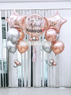 ลูกโป่ง วันเกิด Bubble ขนาด 24" Theme สีโรสโกล พร้อม ช่อลูกโป่งฟอยล์ดาว ขนาด 24" ช่อ 5 ลูก 2 ช่อ พร้อมตกเเต่ง สามารถเปลี่ยนสีลูกโป่ง/เปลี่ยนข้อความ/เปลี่ยนขนาดได้