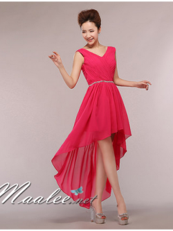 พร้อมเช่า ชุดราตรีสั้น แขนกุด หน้าสั้นหลังยาว สีชมพู Hot Pink คาดเอวคริสตัล