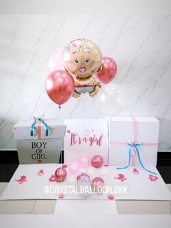 Surprise Box กล่องเซอร์ไพรส์ทายเพศน้อง Theme สีชมพู พร้อมตกแต่ง ลูกโป่ง 4 ลูก ฟอยล์เด็กทารก 1 ชิ้น สามารถใส่รูปได้ 2 รูป สามารถเปลี่ยนสีลูกโป่ง/เปลี่ยนสี-ฟอยล์ตกแต่ง/เปลี่ยนข้อความได้/