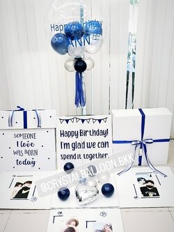 Happy Birthday Surprise Box Bubble USA ขนาด 24'' Theme สีน้ำเงิน พร้อมตกแต่ง สามารถใส่รูปได้ 4 ใบ สามารถเปลี่ยนสีลูกโป่ง/เปลี่ยนข้อความได้