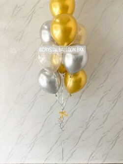 ลูกโป่ง แสดงความยินดี ช่อลูกโป่ง 9 ลูก 1 ช่อ สีเงินโครเมี่ยม-ทองโครเมี่ยม พร้อมตกแต่ง ลูกโป่งใส ใสกลิตเตอร์ สามารถเปลี่ยนสีลูกโป่งได้