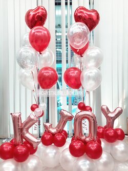 ลูกโป่ง วันเกิด ช่อลูกโป่งฟอยล์หัวใจ 18" Theme สีแดง-ขาว 2 ช่อ พร้อม ลูกโป่งใส ใส่กลิตเตอร์,ฟอยล์ตัวอักษร 16" ตั้งฐาน 4 ตัวอักษร พร้อมตกเเต่ง สามารถเปลี่ยนสีลูกโป่ง/เปลี่ยนสี-ฟอยล์ตัวอักษรได้