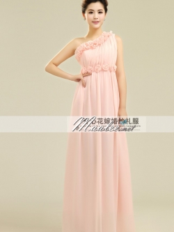 พร้อมเช่า ชุดราตรียาว ไหล่เดียว สีชมพู จับเดรปหน้าอก แต่งดอกไม้ตลอดช่วงอกและเอว