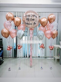 ลูกโป่ง วันเกิด Bubble ขนาด 36" สีโรสโกล พร้อม ช่อลูกโป่ง ช่อ 5 ลูก 2 ช่อ,ช่อลูกโป่ง ช่อ 3 ลูก 2 ช่อ,ลูกโป่งใส ใส่ Confetti,ลูกโป่งลายหิน USA 2 ลูก พร้อมตกเเต่ง สามารถเปลี่ยนสีลูกโป่ง/เปลี่ยนข้อความ/เปลี่ยนขนาดได้