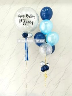 ลูกโป่ง วันเกิด Bubble ขนาด 24" กลิตเตอร์สีเงิน 1 ลูก พร้อม ช่อลูกโป่ง ช่อ 7 ลูก 1 ช่อ Theme สี Dark Blue พร้อมตกแต่ง สามารถเปลี่ยนสีลูกโป่ง/เปลี่ยนข้อความ/เปลี่ยนขนาดได้