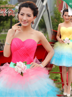 พร้อมเช่า ชุดแฟนซี เช่า 500 ชุดราตรีสั้น เกาะอก สีชมพู สีหวานเย็น อกจับจีบตีเกล็ด กระโปรงตาข่าย น่ารักมาก